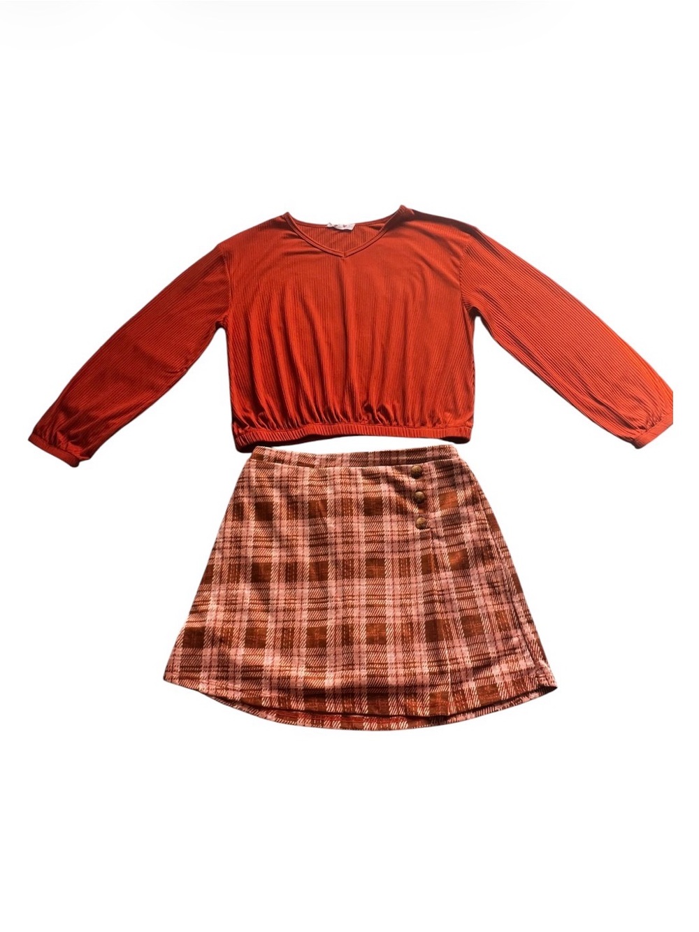 Beautees Girls Plaid Skirt and Ribbed Knit Long Sleeve Top 2-Piece Set L